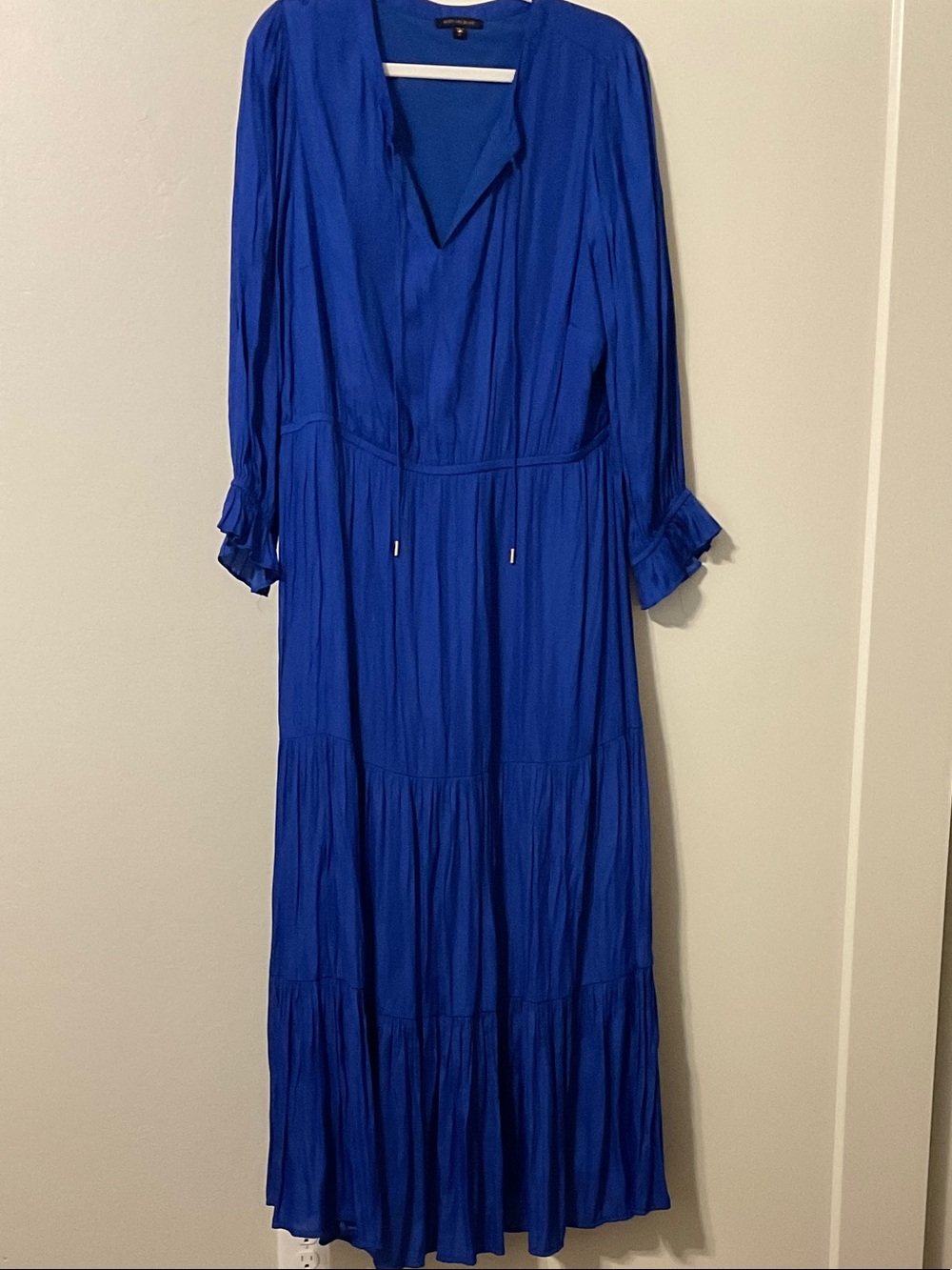 Blue Long-Sleeve V-Neck Tiered Maxi Dress